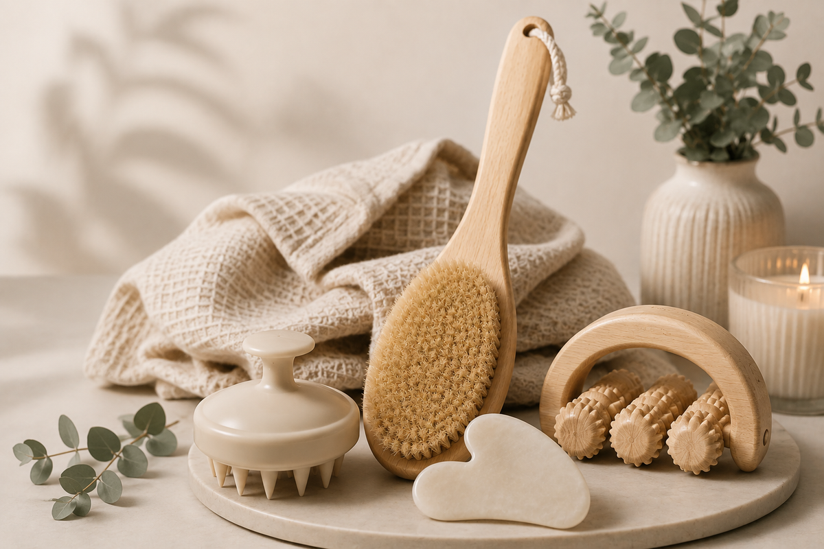 Body ritual collection with wooden dry brush, scalp massager, gua sha and wooden massage roller in a calming spa setting.