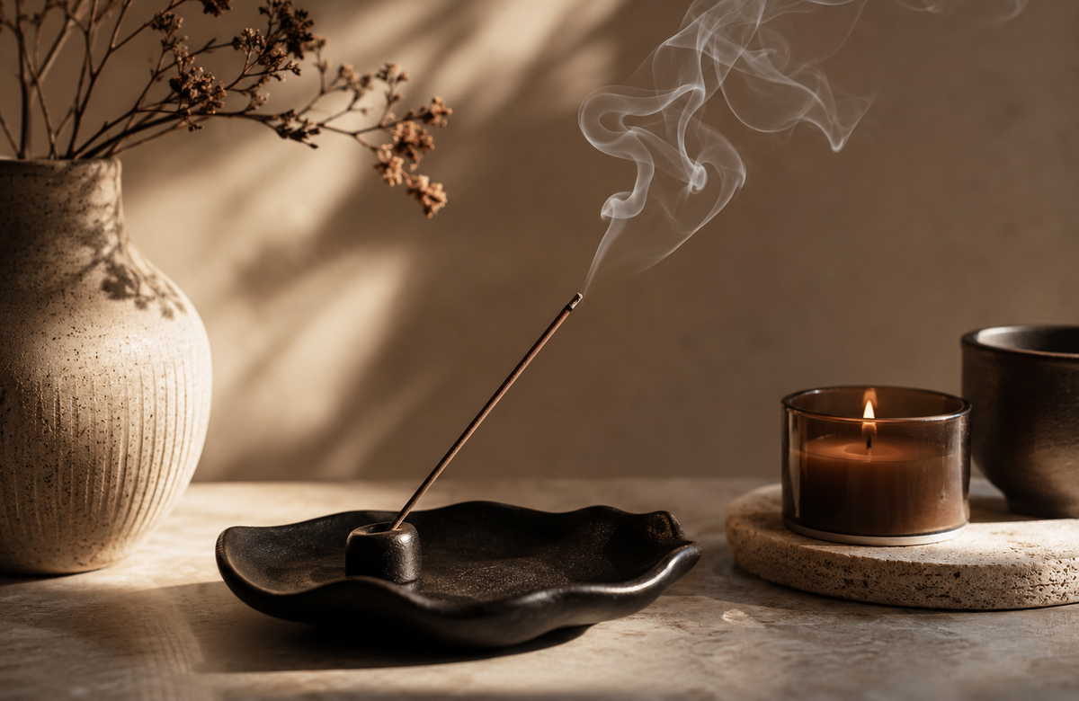 Burning incense with candle and ceramic décor creating a calming home fragrance and aromatherapy ritual.