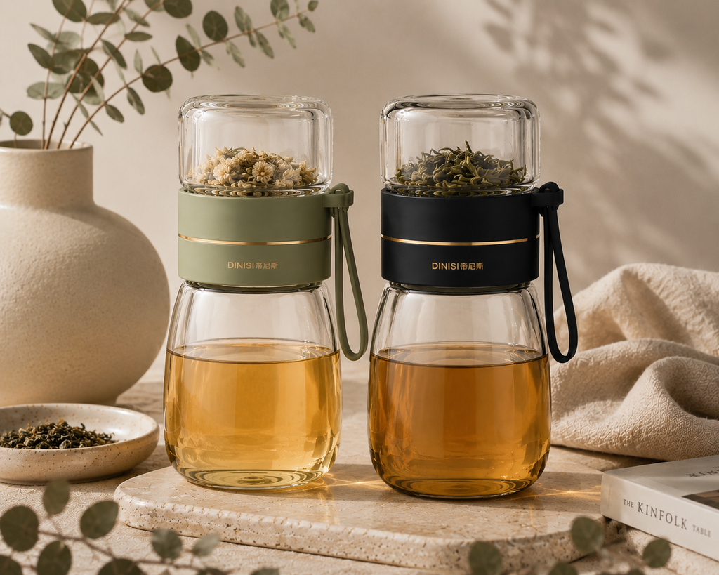 Sage green and black 450ml glass tea infuser bottles with built-in loose leaf tea infusers, styled for a calming everyday tea ritual.