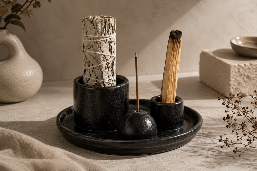 Black ceramic ritual set with holders for sage, Palo Santo and incense on a matching tray, styled in a warm neutral wellness setting.