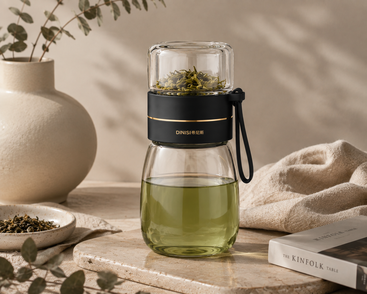 Elegant black glass tea infuser bottle with loose leaf tea, styled in a warm neutral setting for a calming daily tea ritual.
