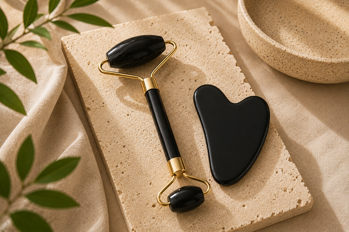 Black gua sha and dual-ended facial roller with gold detailing, styled on natural stone in a warm luxury self-care setting.