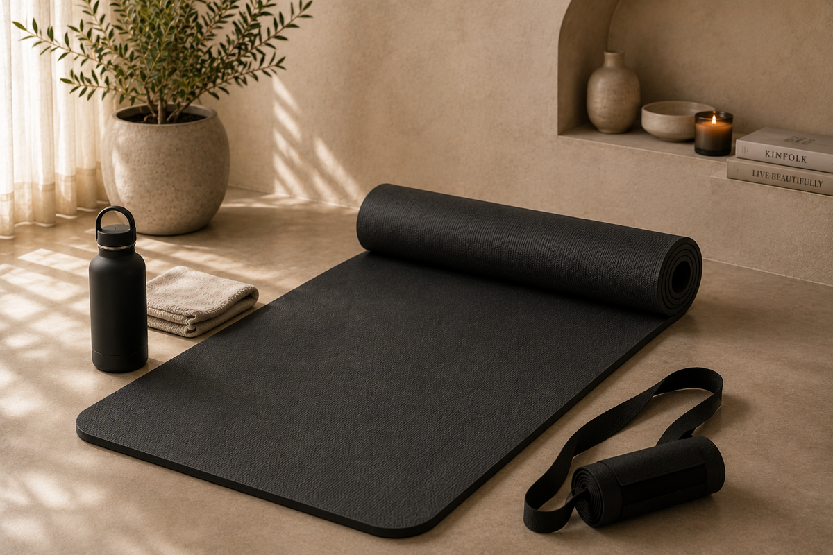 Black thick yoga and Pilates mat in a calm neutral home wellness space with carry strap, ideal for yoga, Pilates, stretching and home workouts.