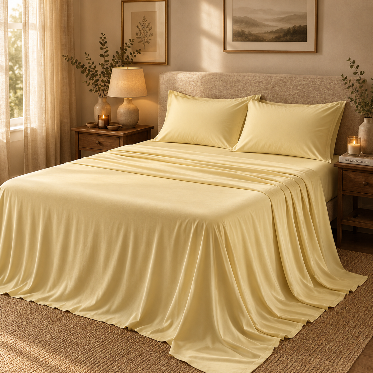 Butter yellow ice silk bedding styled in a warm, calming bedroom with natural wood, soft candlelight and neutral décor.