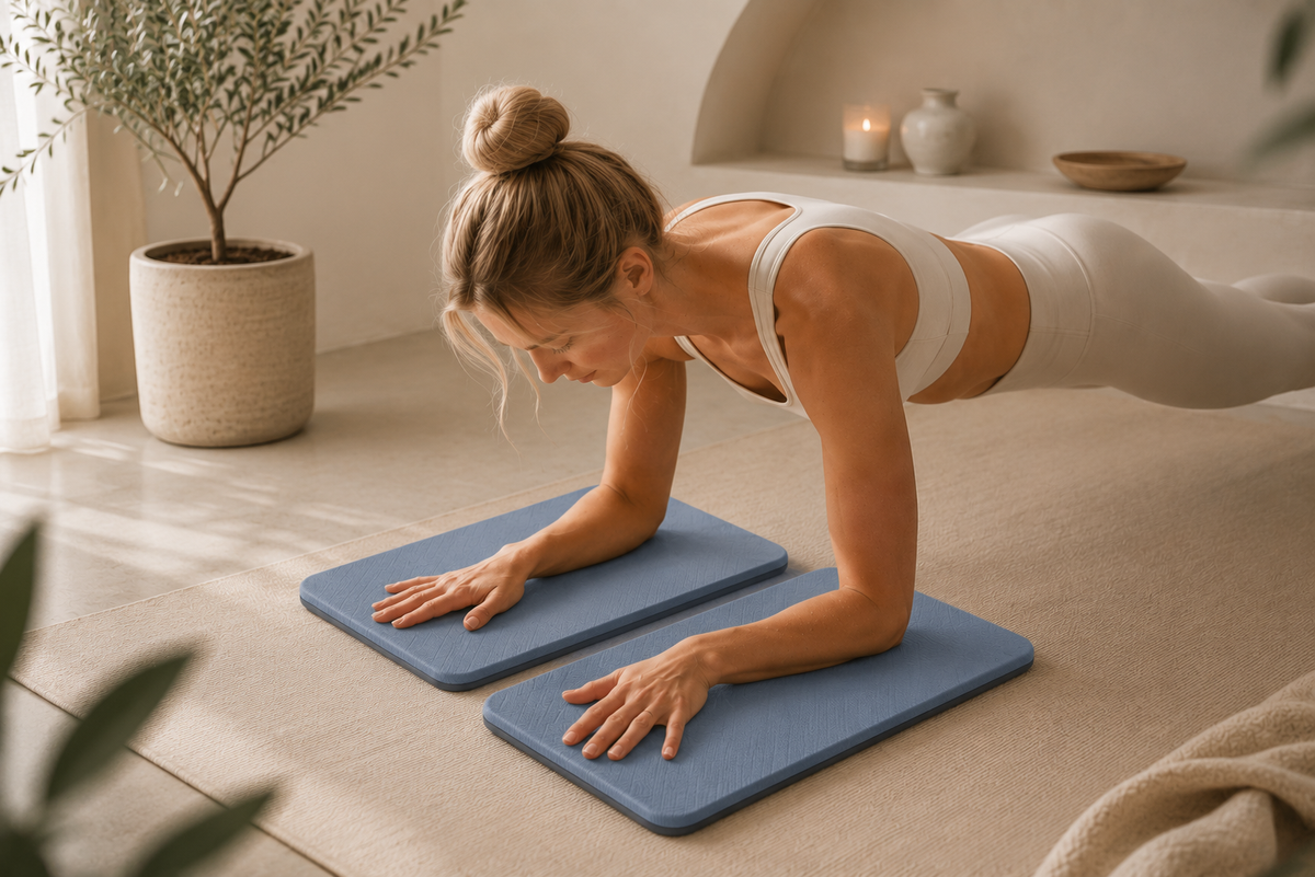 Woman using dusty blue cushioned yoga knee support pads during a forearm plank in a warm, minimalist home yoga space.