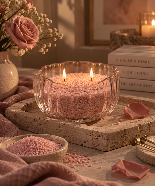 Dusty rose candle sand burning with two wicks in a scalloped glass bowl, styled with rose petals, warm linen and neutral home déco