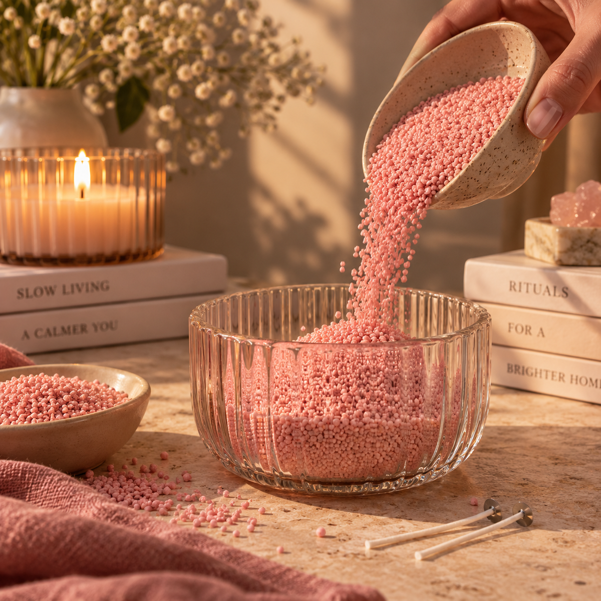 Dusty rose candle sand being poured into a ribbed glass bowl, styled with soft pink linen, flowers and warm candlelight.