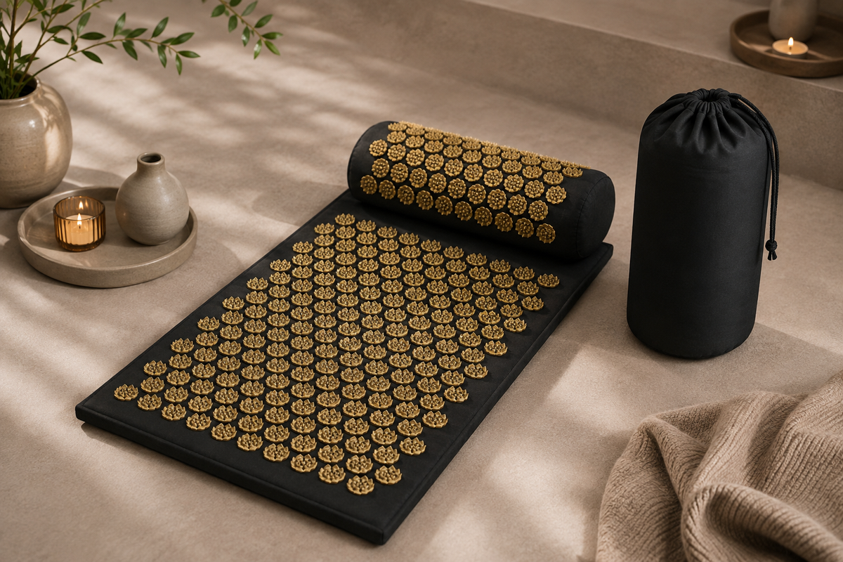 Black acupressure mat with gold pressure points, matching pillow and carry bag in a calming neutral home wellness setting.