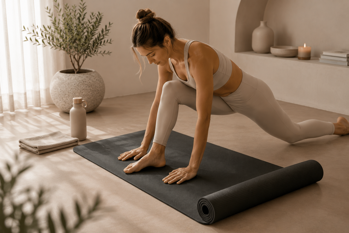 Woman stretching on a black non-slip yoga mat in a calm neutral home studio, suitable for yoga, Pilates and home workouts.