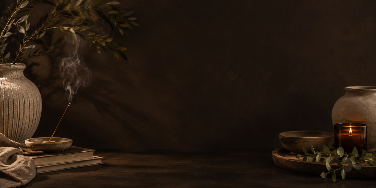Warm wellness still life with incense, ceramic vessels, candlelight and eucalyptus against a dark brown background.