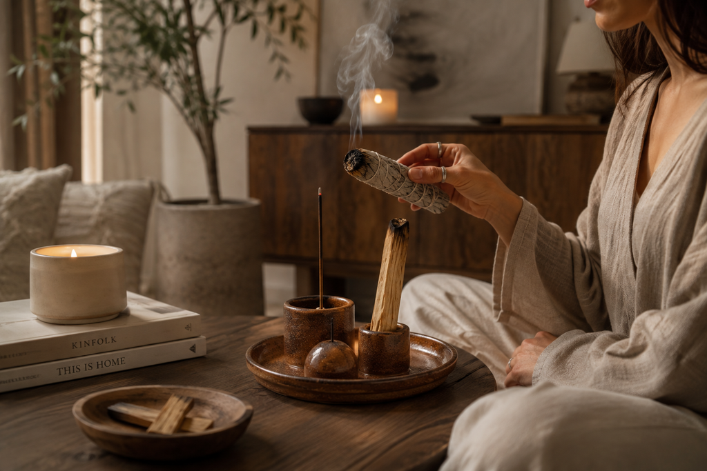 Woman using a ceramic ritual set with burning sage, incense and Palo Santo in a warm, calming home setting.