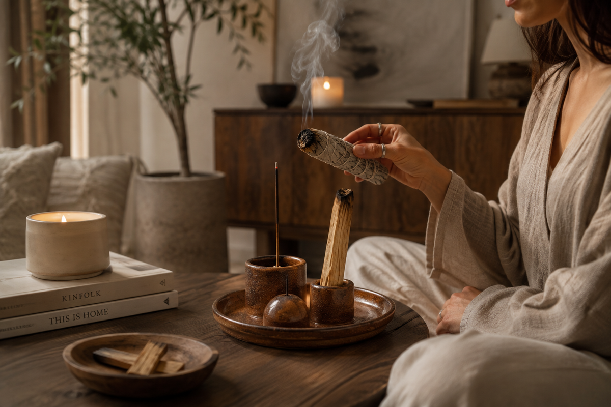 Woman using a ceramic ritual set with burning sage, incense and Palo Santo in a warm, calming home setting.
