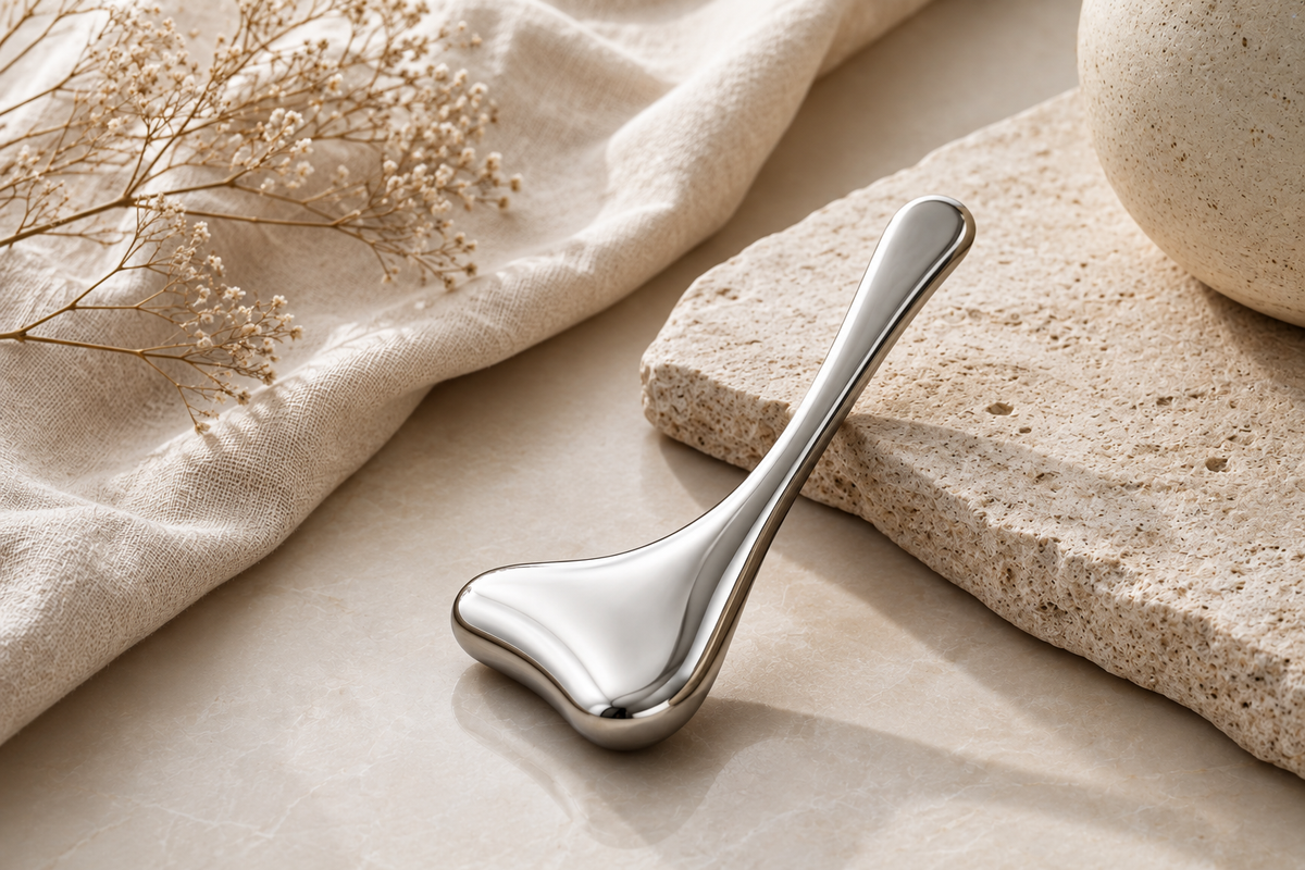 Stainless steel cooling facial massager styled on neutral stone with soft linen for a calming at-home skincare ritual.