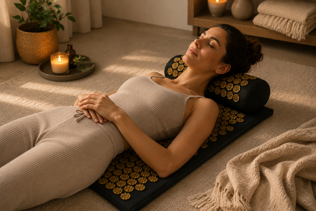 Woman relaxing on a black acupressure mat with gold pressure points and matching pillow in a warm, calming home wellness space.