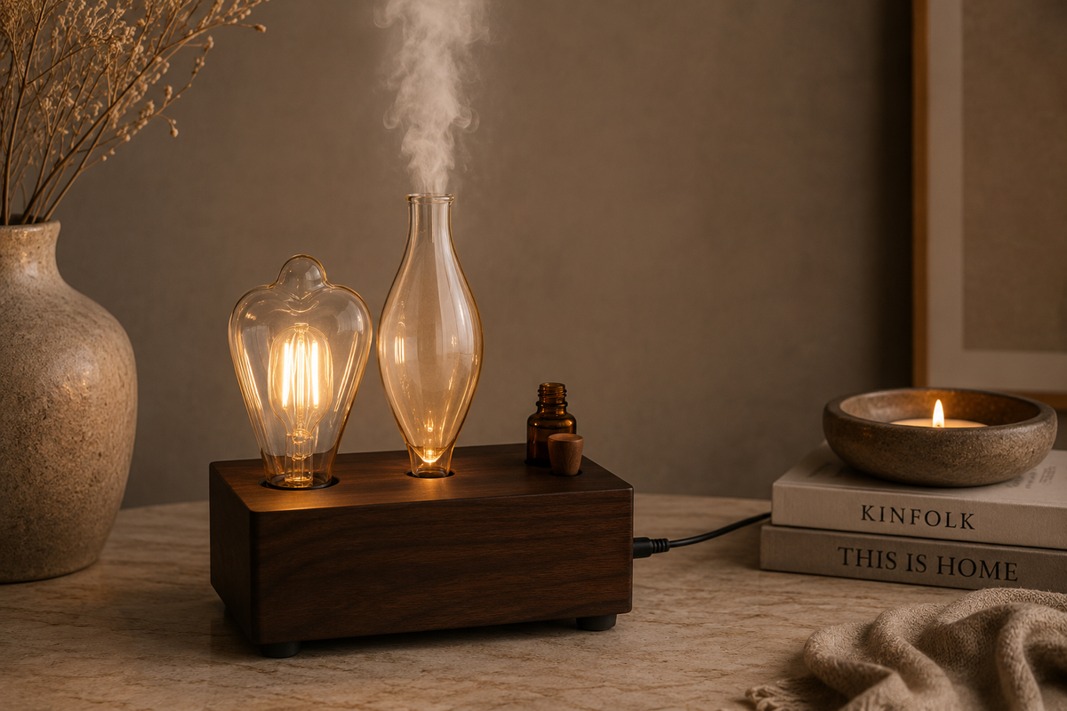Warm wooden aromatherapy diffuser lamp with glowing heart-shaped light and gentle mist, styled in a calming neutral home interior.