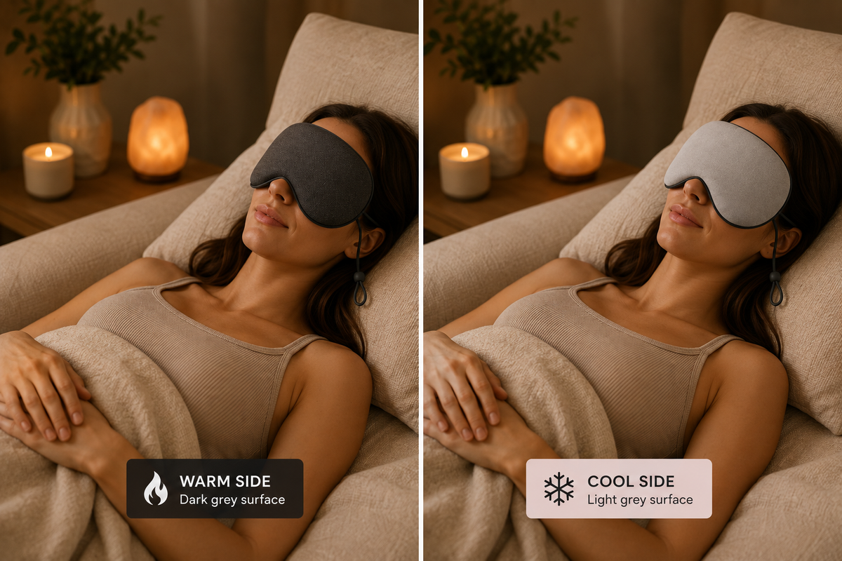 Elevated Rituals reversible sleep mask shown in a relaxing bedroom setting, featuring a dark grey warm side and light grey cooling side for comfortable sleep and relaxation.