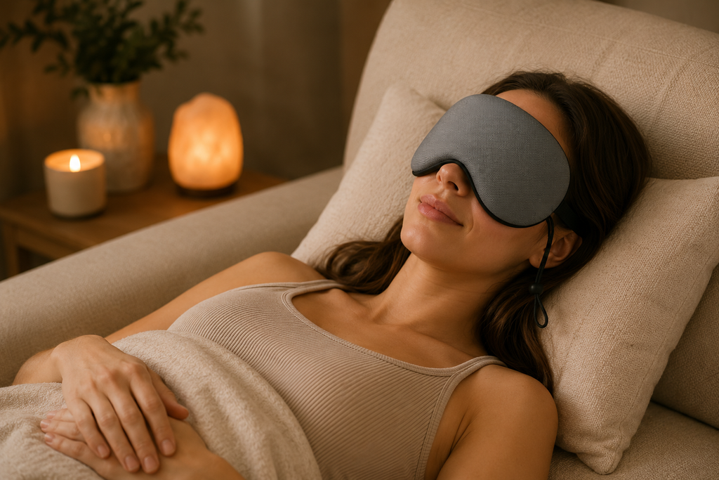 Woman relaxing in bed wearing an Elevated Rituals dark grey reversible sleep mask designed for comfortable sleep, relaxation and a calming bedtime routine.
