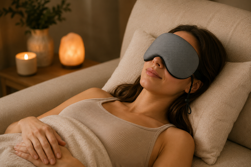 Woman relaxing in bed wearing an Elevated Rituals dark grey reversible sleep mask designed for comfortable sleep, relaxation and a calming bedtime routine.

