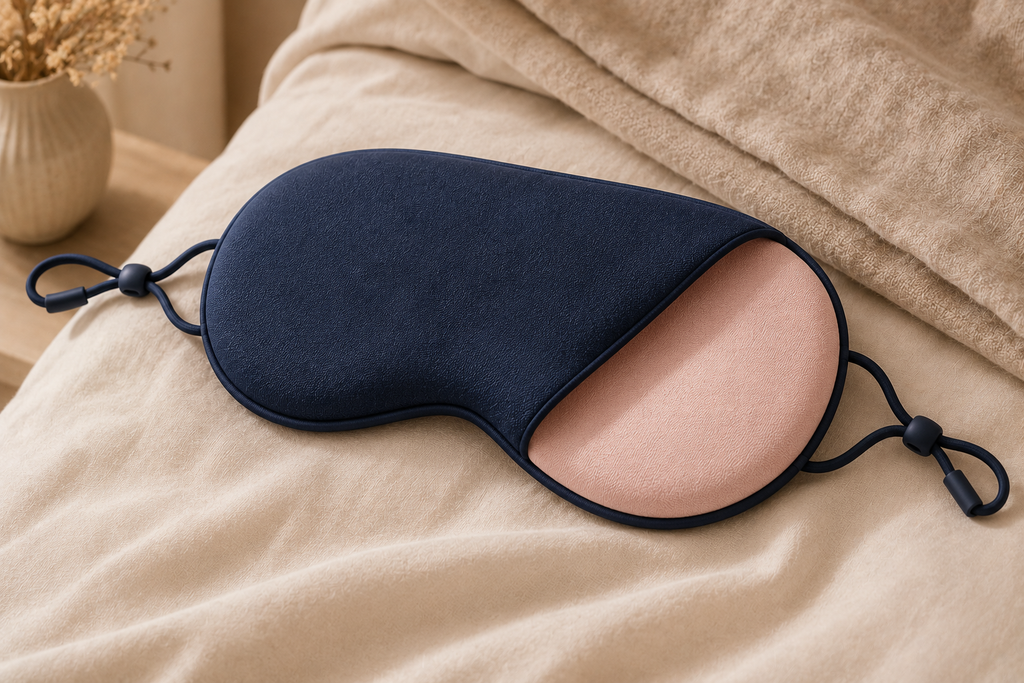 Elevated Rituals reversible sleep mask on soft cream bedding, showing the navy blue warm side and blush pink cooling side.