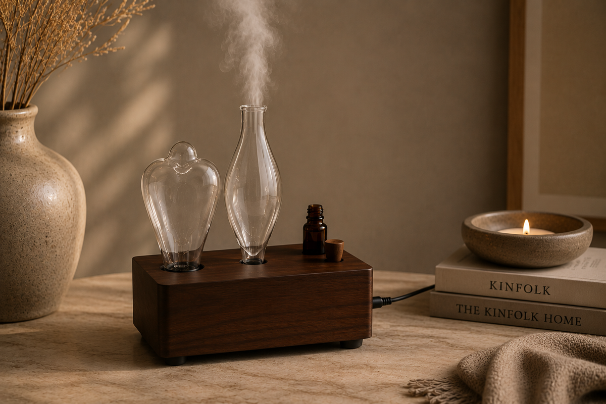 Wooden waterless aromatherapy diffuser with clear glass vessels releasing gentle mist, styled in a warm neutral wellness interior without ambient lighting.