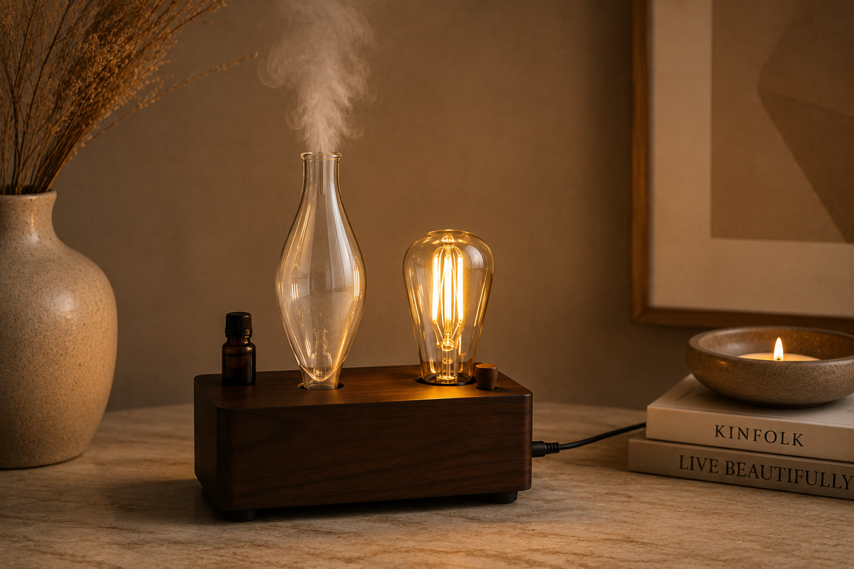 Wooden waterless aromatherapy diffuser with glowing ambient light and gentle mist, styled in a warm neutral wellness interior.