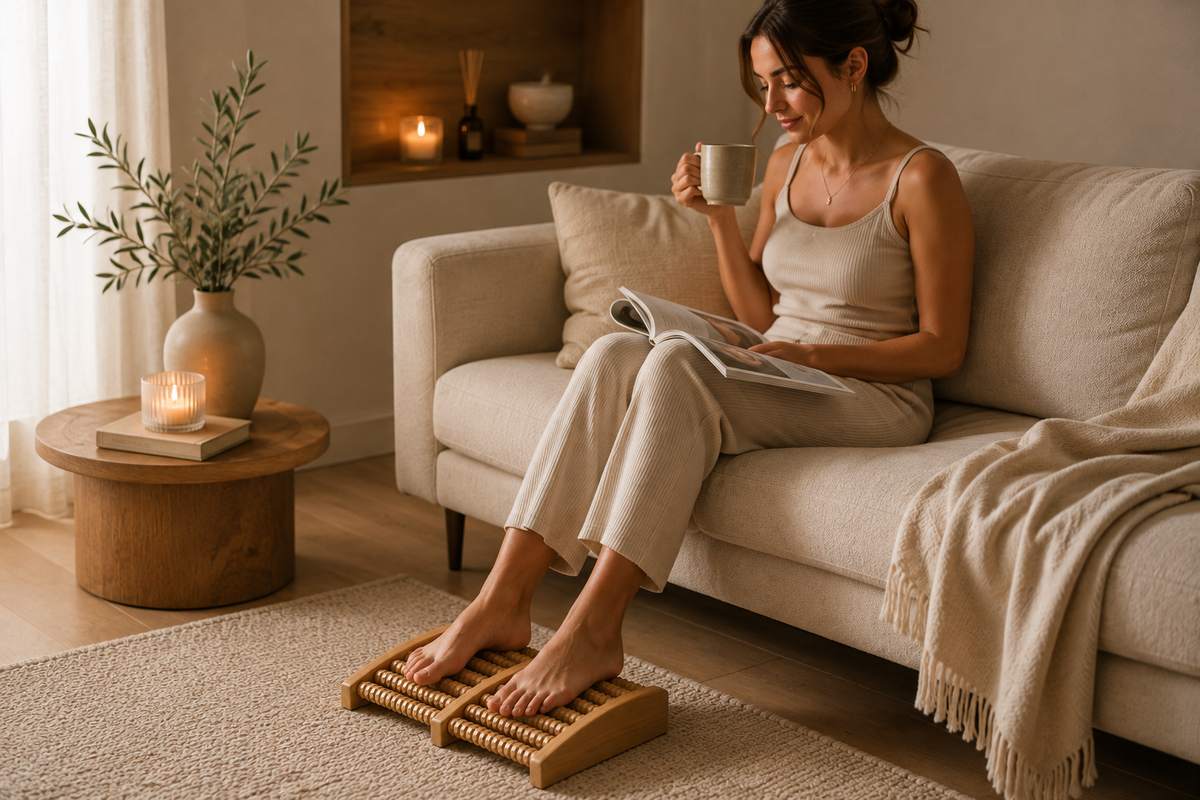 Woman relaxing at home while using a natural wooden foot massager as part of her evening self-care ritual.