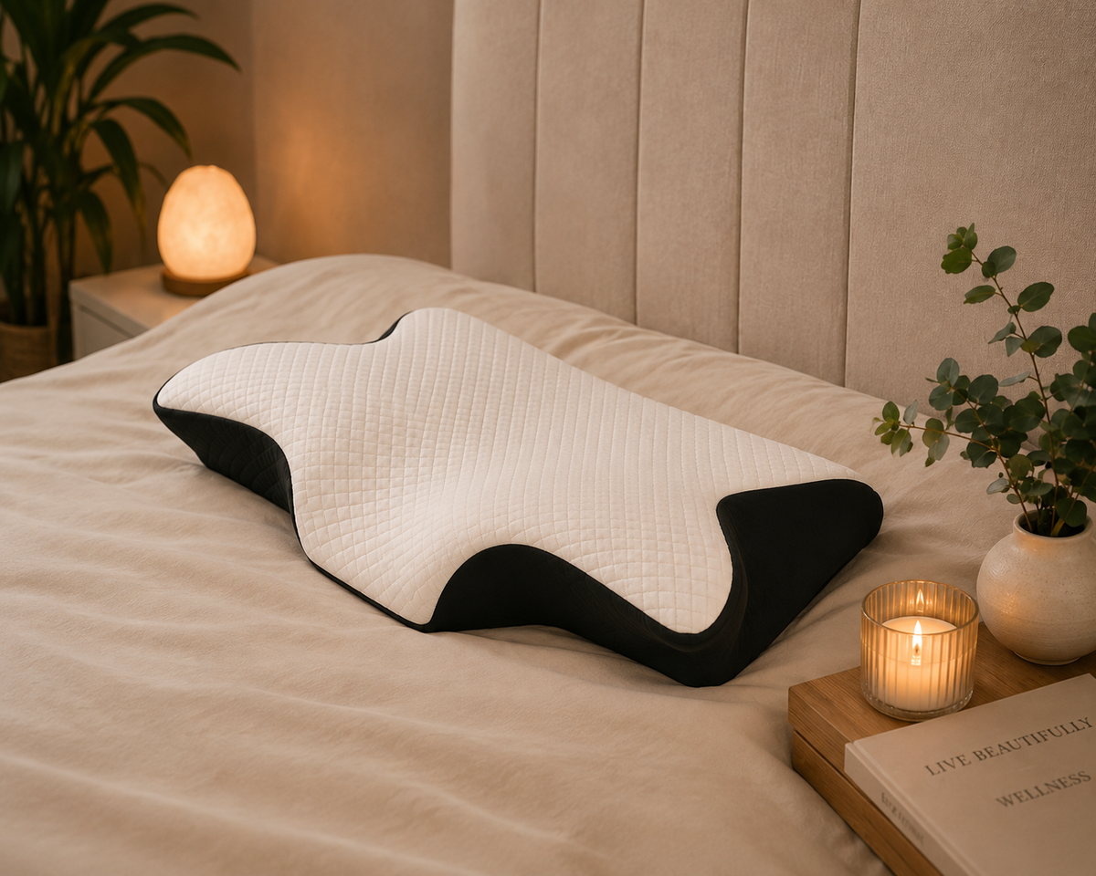 Ergonomic memory foam neck pillow with white quilted surface and black contour edges styled in a warm bedroom.
