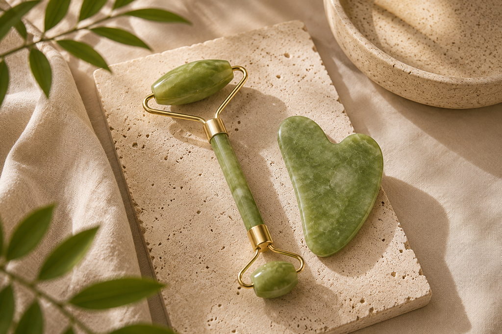 Green gua sha and jade facial roller set styled on natural stone with warm neutral tones for a calming skincare ritual