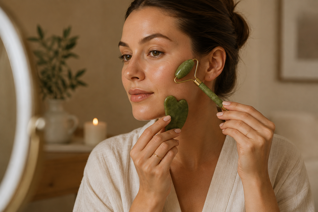 Woman using a jade facial roller and gua sha during a calming at-home skincare and self-care ritual.