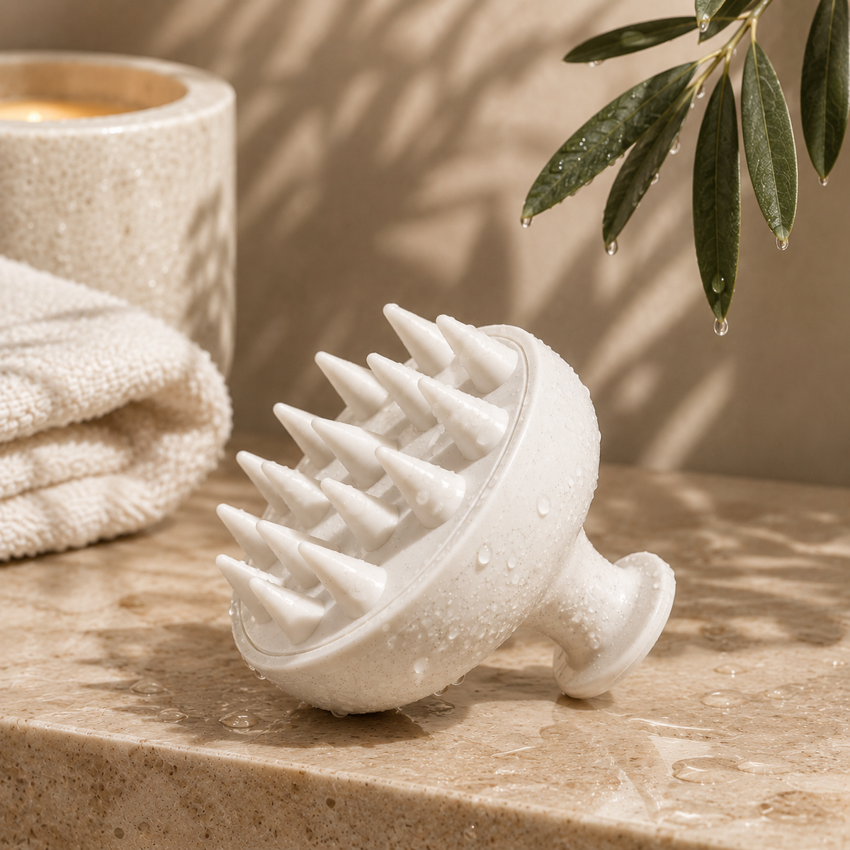 Ivory silicone scalp massager and shampoo brush with soft bristles and water droplets in a calming spa setting.