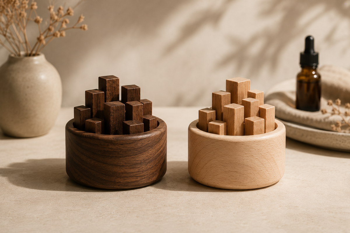 Walnut and beech wood passive aroma diffusers displayed side by side in a warm, minimalist home setting with an essential oil bottle.