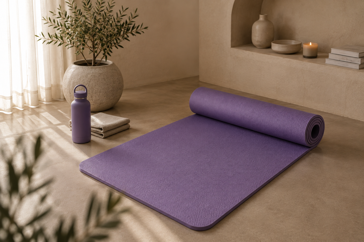 Purple thick yoga and Pilates mat in a calm neutral home wellness space, designed for stretching, Pilates and mindful movement.