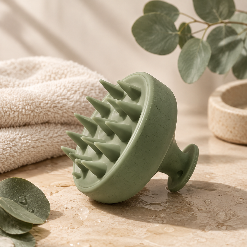 Sage green silicone scalp massager and shampoo brush with soft bristles displayed in a calming spa setting.