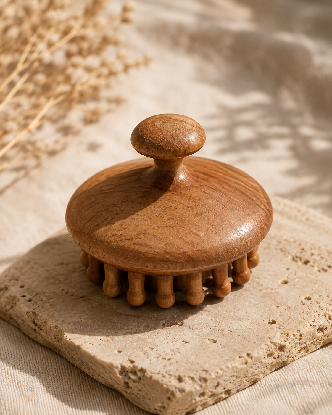 Wooden sandalwood scalp massager with rounded massage points styled on natural stone in a warm neutral setting.