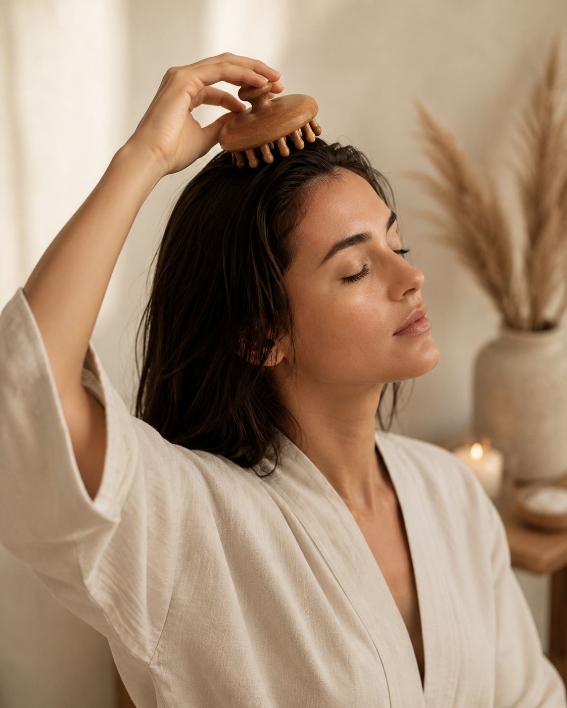 Woman using a wooden sandalwood scalp massager during a calming self-care ritual at home.