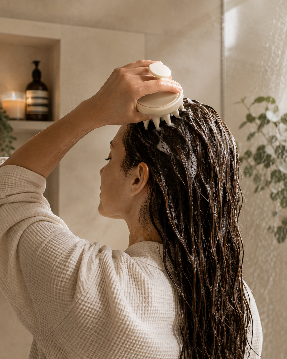 Woman using an ivory silicone scalp massager on wet shampooed hair during a relaxing hair-washing ritual.