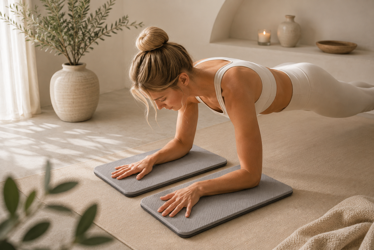 Woman using stone grey cushioned yoga knee support pads during a forearm plank in a warm, minimalist home yoga space