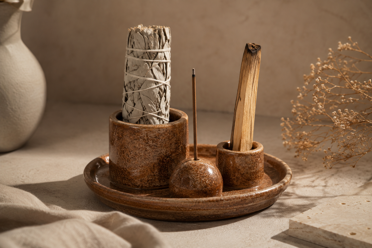 Warm terracotta ceramic ritual set with holders for sage, Palo Santo and incense on a matching tray in a neutral wellness setting.
