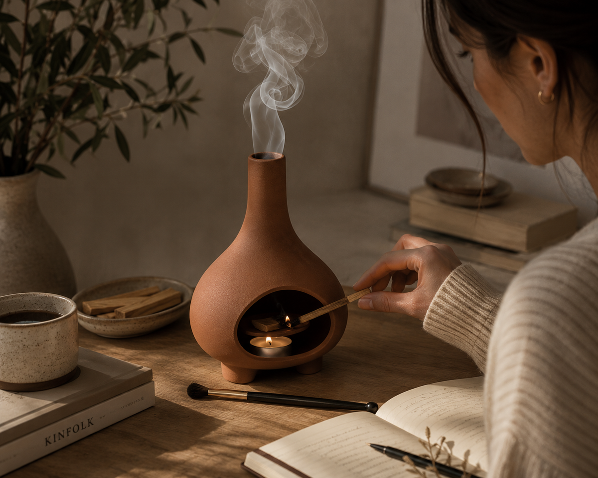 Woman using a terracotta ceramic chimney incense burner with ritual brush in a warm, minimalist setting with tea, journal and soft natural light.