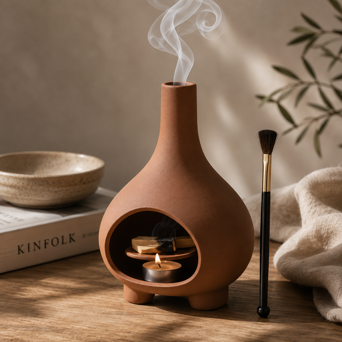 Terracotta ceramic chimney incense burner with ritual brush, glowing tealight and gentle aromatic smoke styled in a warm, minimalist setting.