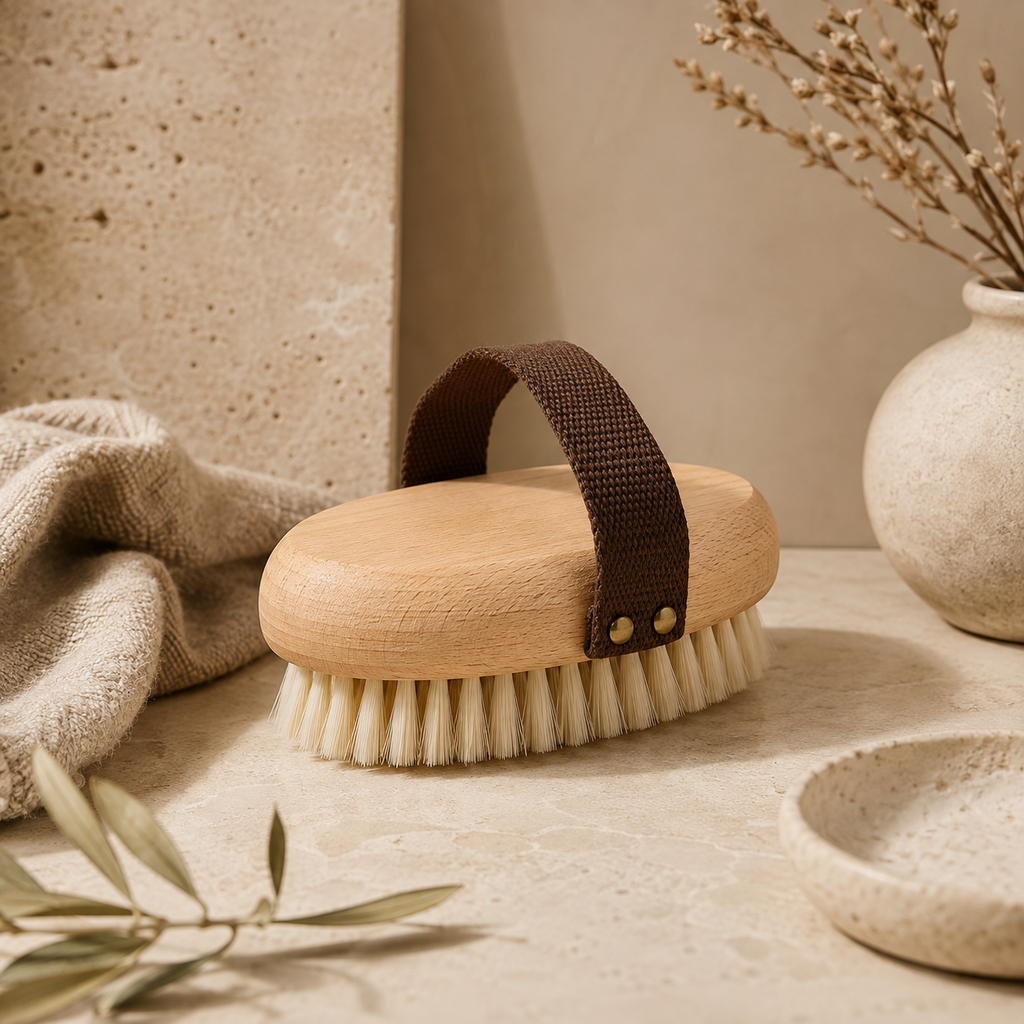 Natural wooden dry body brush with cream bristles and hand strap styled in a warm, neutral wellness setting