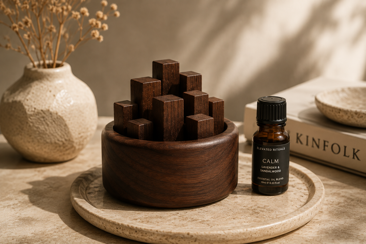 Dark walnut wood passive aroma diffuser styled with essential oil in a warm, minimalist home setting.