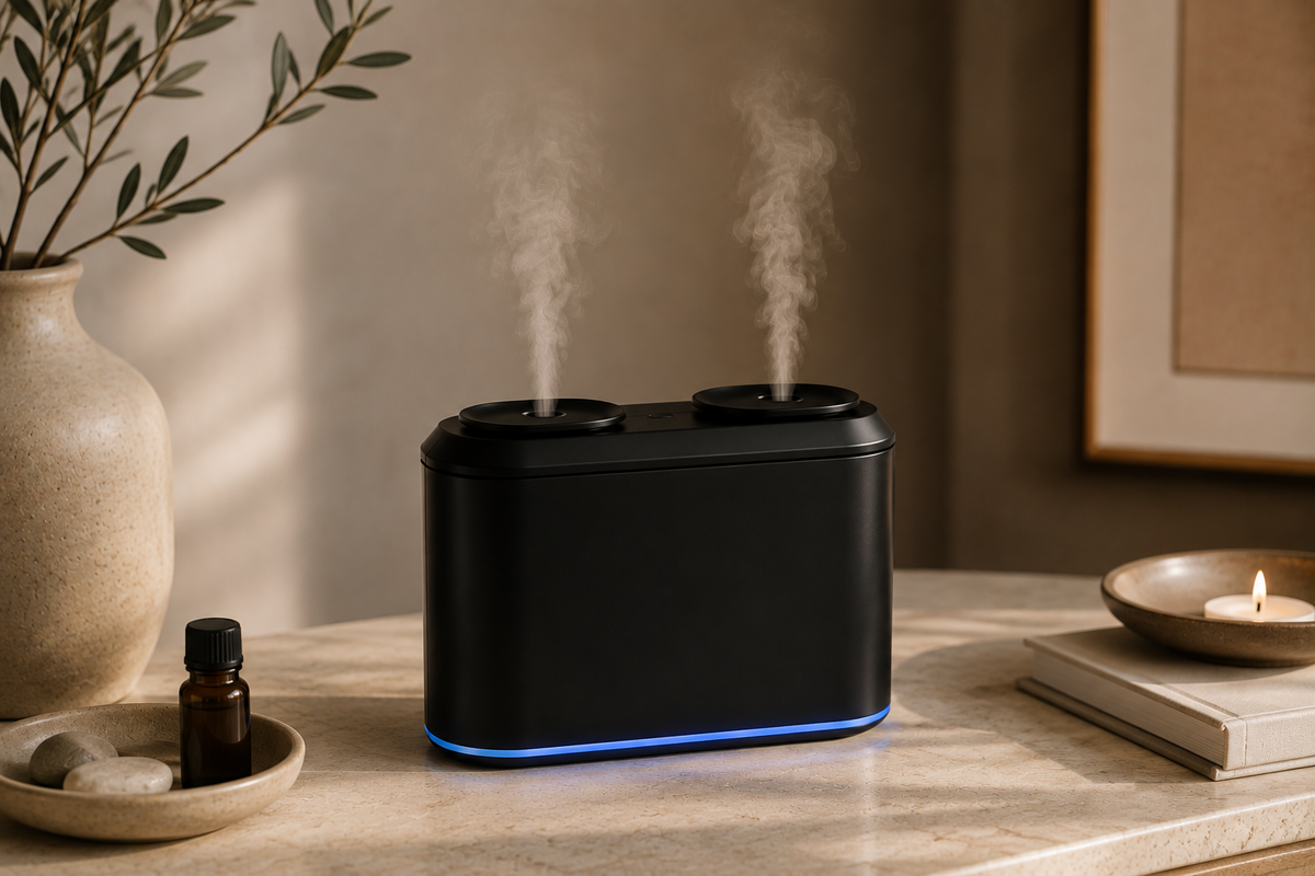 Black DualMist waterless essential oil diffuser releasing fragrance mist in a warm, calming home setting.