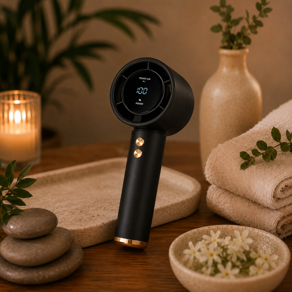 Black portable rechargeable handheld fan with digital battery display
