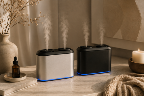 Black and silver DualMist waterless essential oil diffusers releasing fragrance mist in a warm, calming home setting.