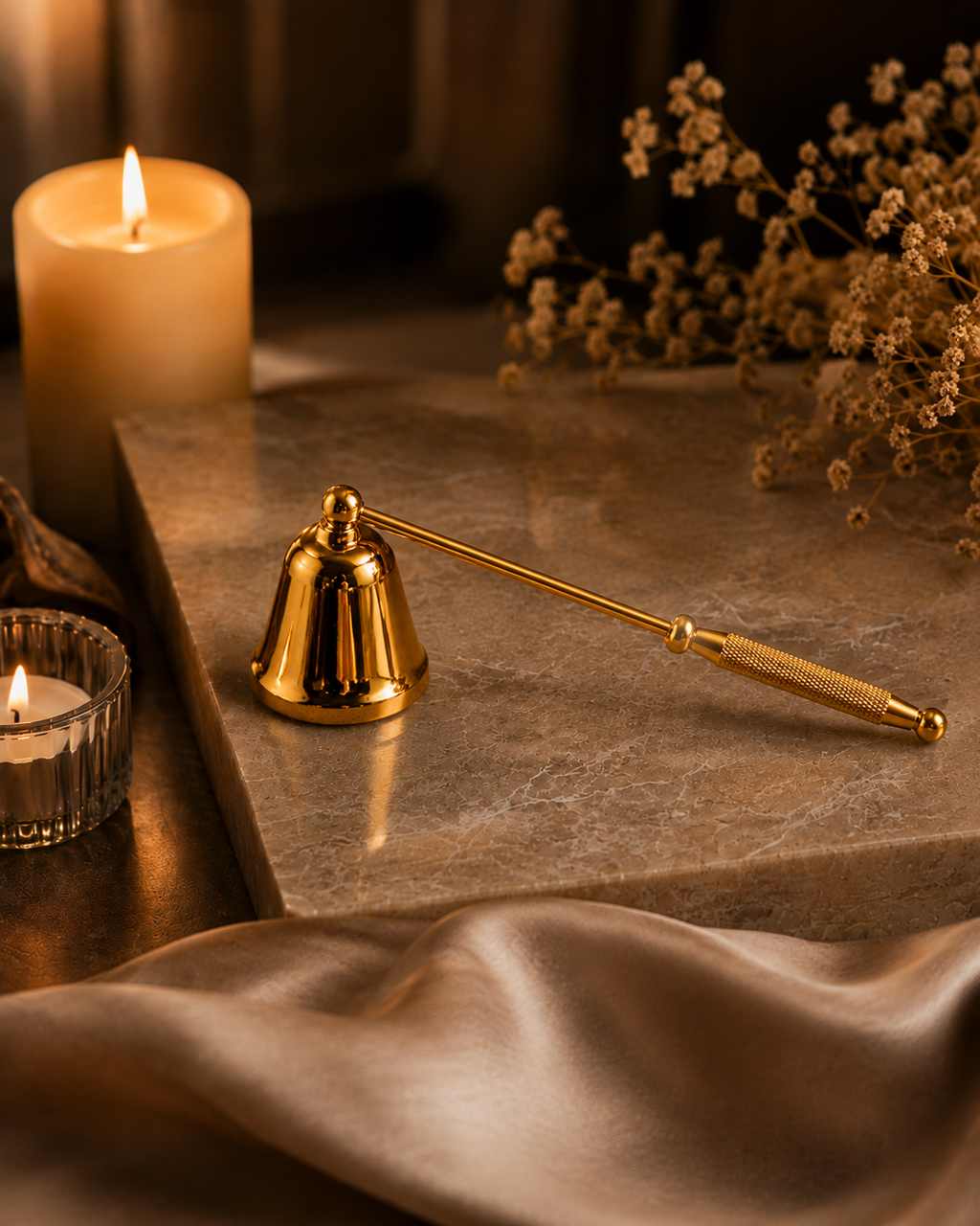 Gold candle snuffer displayed beside lit candles in a warm, elegant setting.