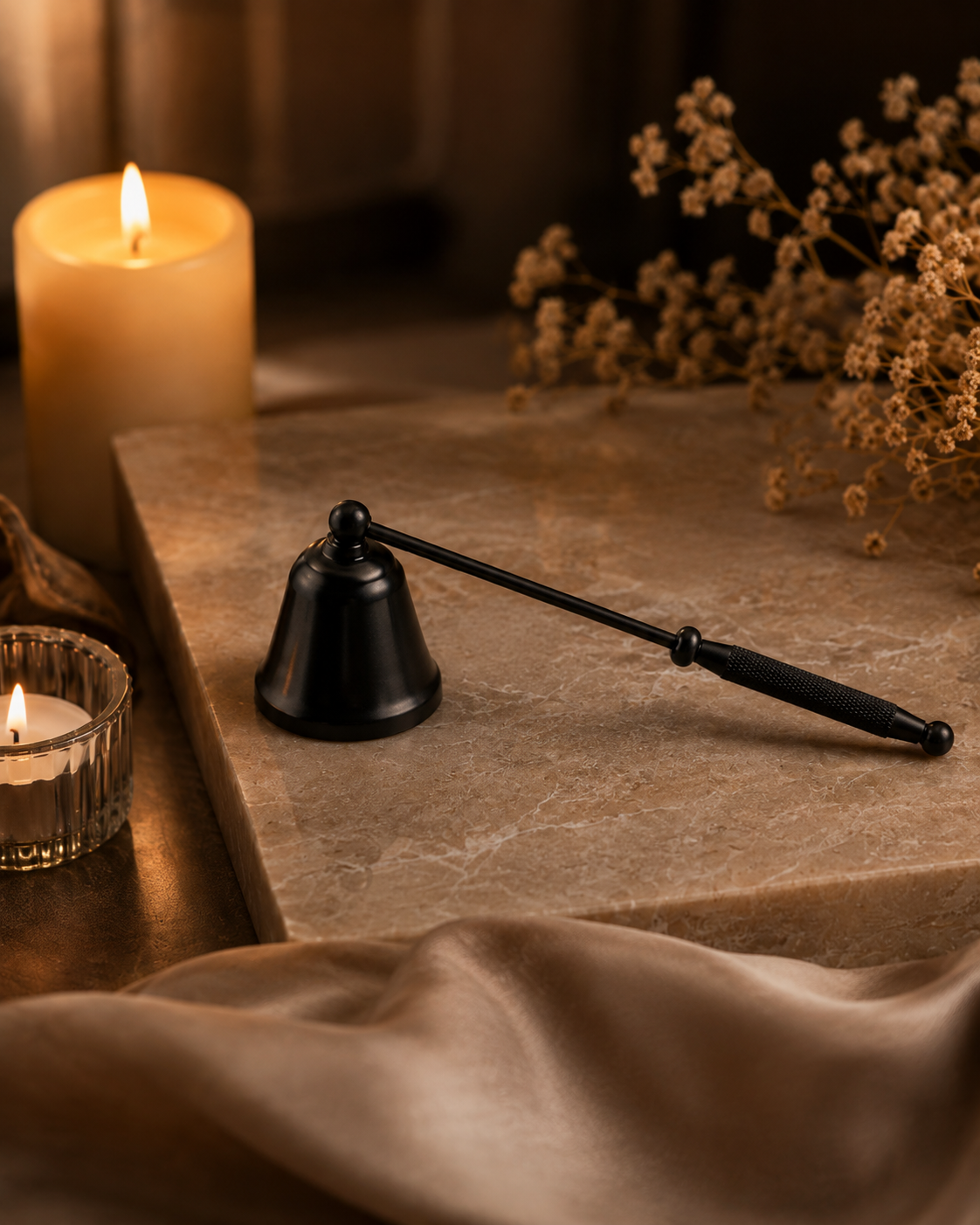 Black luxury candle snuffer displayed beside lit candles in an elegant candle care setting