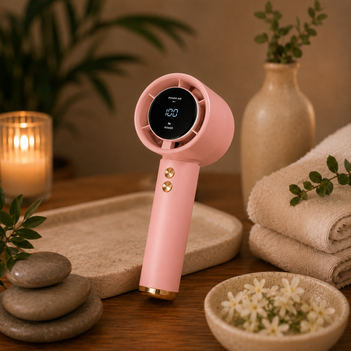 Pink portable rechargeable handheld fan with digital battery display
