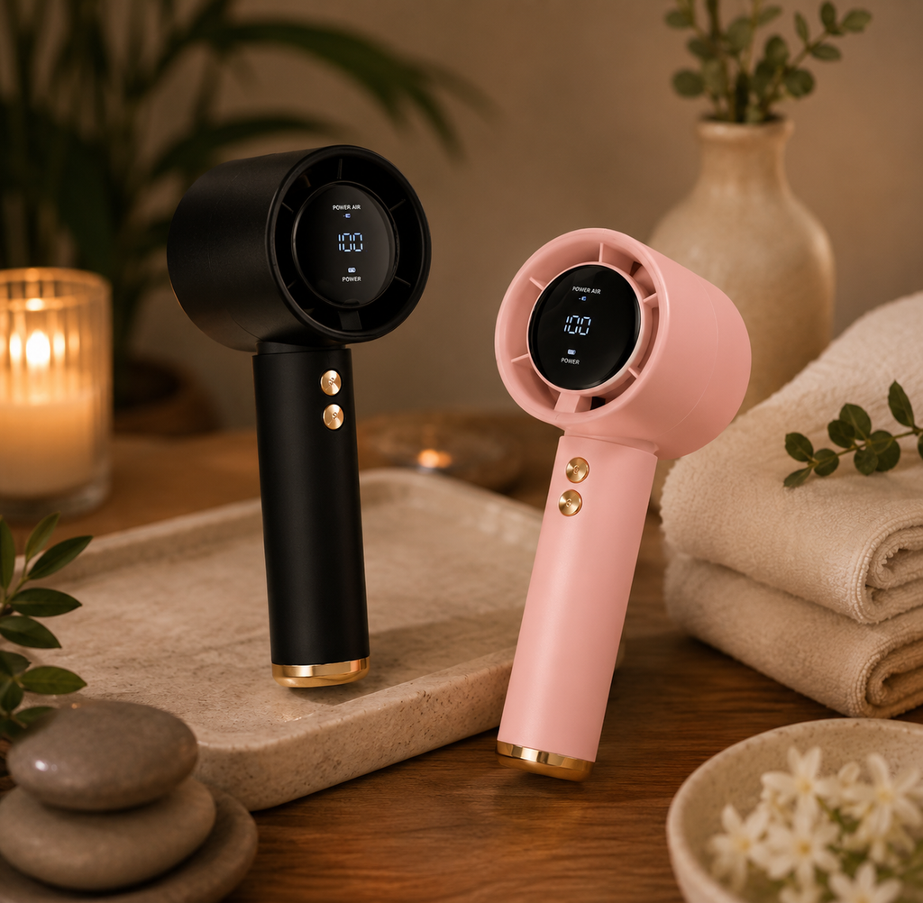 Black and pink portable rechargeable handheld fans with digital battery display