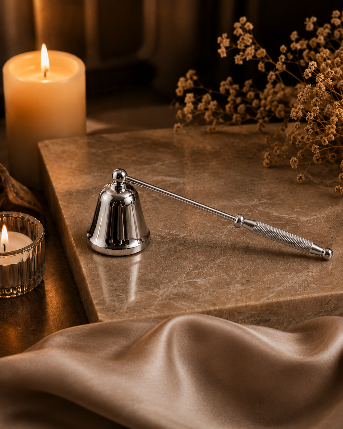 Silver candle snuffer displayed beside lit candles in a warm, elegant setting.
